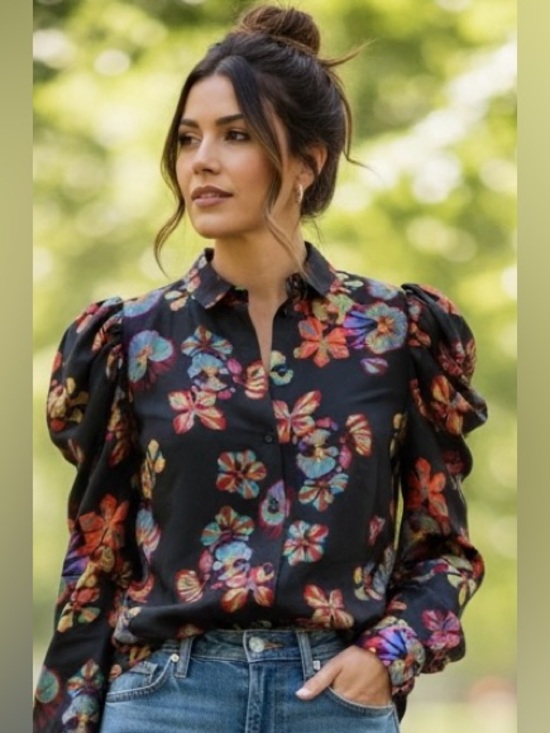 Ulla Johnson Tops - Ulla Johnson Black 100% Silk Puff Sleeve Blouse Botanical Floral Print Size 6